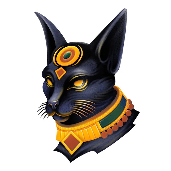 Египетская Богиня Бастет Виде Черной Кошки Золотой Головой Украшенным Воротником — стоковое фото