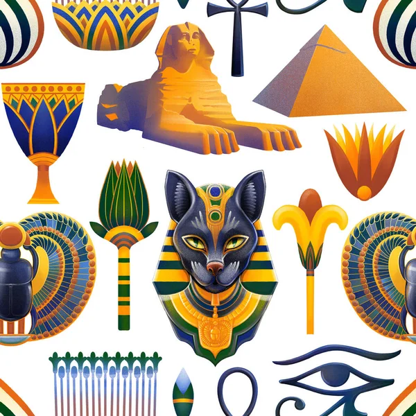 이집트의 상징들의 스카프 바스테트 호러스 눈등은 기술을 익힌다 반복되는 — 스톡 사진