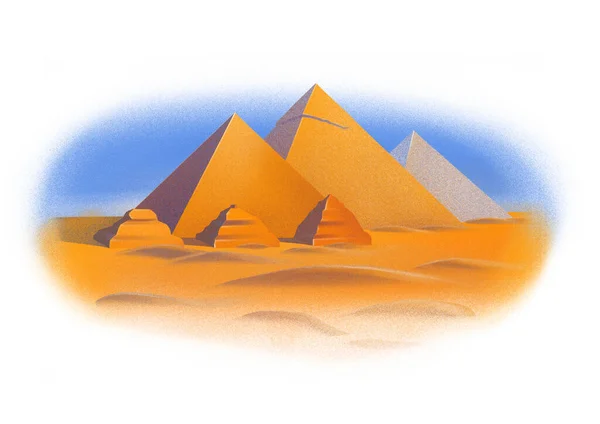 青空の下で砂漠の砂の中にギザのピラミッド複合体 エアブラッシングスタイルでエジプトのデジタルイラストを描いた — ストック写真