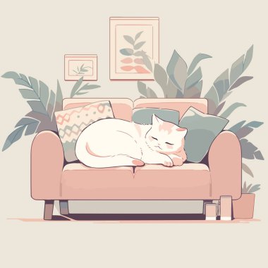 Şirin kedi şekerleme yapıyor, modern yumuşak bir kanepede kıvrılmış, parlak bir dairede sahibinin dönmesini bekliyor. Sakin ışık renk paletinde basit vektör çizimi