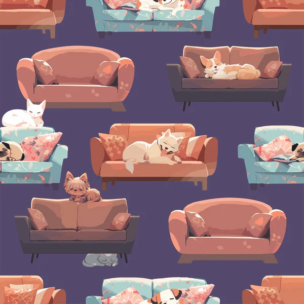 Cute Dog Having Nap Snugly Curled Modern Soft Couch Bright — Stock Vector