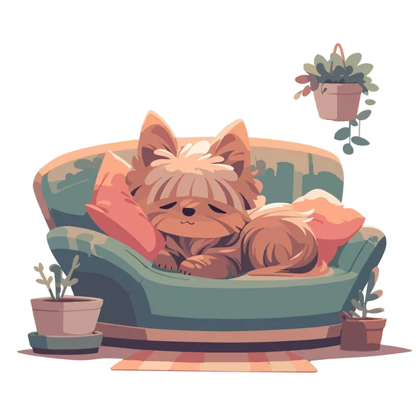 Cute Yorkshire Terrier Dog Having Nap Snugly Curled Modern Soft — Stock Vector