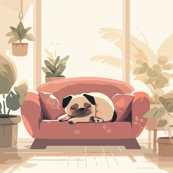 아파트의 현대식부드러운 소파에서 낮잠을 귀여운 강아지가 주인이 돌아오기를 기다리고 있습니다 — 스톡 벡터