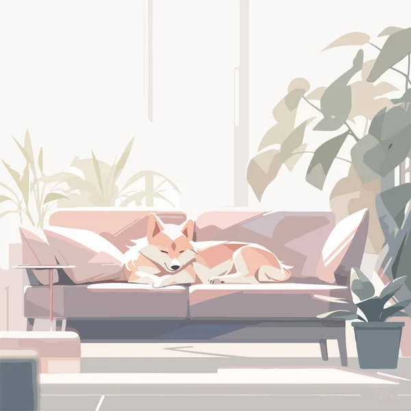 Cão Corgi Galês Bonito Tendo Uma Soneca Aconchegante Enrolado Sofá — Vetor de Stock