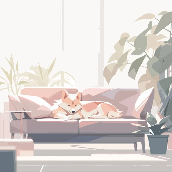 Lindo Perro Corgi Galés Tomando Una Siesta Acurrucado Sofá Suave — Vector de stock