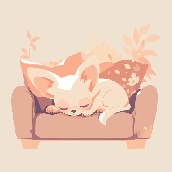 Cute Chihuahua Dog Having Nap Snugly Curled Modern Soft Couch — Stock Vector