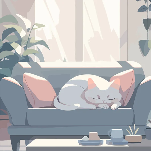 可爱的猫小睡片刻 舒服地蜷缩在明亮的公寓里一个现代柔软的沙发上 等待主人回来 平静的浅色调色板中的简单矢量插图 — 图库矢量图片