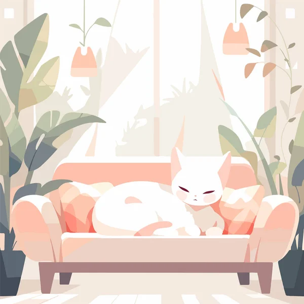 아파트의 현대식부드러운 소파에서 귀여운 고양이가 주인이 돌아오기를 기다리고 밝은색 팔레트의 — 스톡 벡터