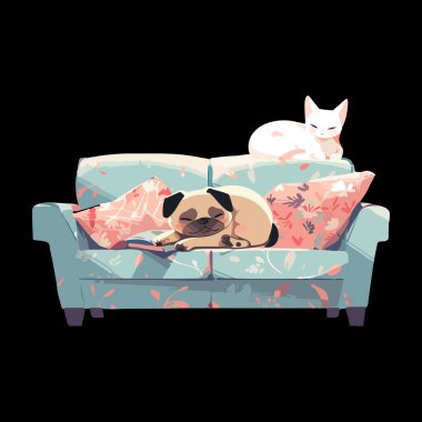 Tatlı köpek kestiriyor, modern yumuşak bir kanepede kıvrılmış, parlak bir dairede sahibinin dönmesini bekliyor. Sakin ışık renk paletinde basit vektör çizimi