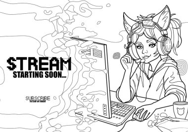 Kedi kulaklı kız oyuncu ya da flamalı kulaklıklı kız bir bilgisayarın başına oturur ve masada biraz içki ve yılan vardır. Renkli sayfa tasarımı. Sıvı şekil üzerinde bildirim ifadesi olan vektör karakteri