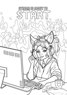 Kedi kulaklı kız oyuncu ya da flamalı kulaklıklı kız bir bilgisayarın başına oturur ve masada biraz içki ve yılan vardır. Renkli sayfa tasarımı. Soyut lav lambası arkaplanı üzerine vektör karakter