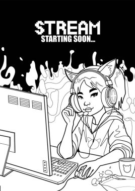 Kedi kulaklı Asyalı kız oyuncu ya da flamalı kulaklıklı kız bir bilgisayarın başına oturur ve masada biraz içki ve yılan vardır. Renkli sayfa tasarımı. Soyut lav lambası arkaplanı üzerine vektör karakter