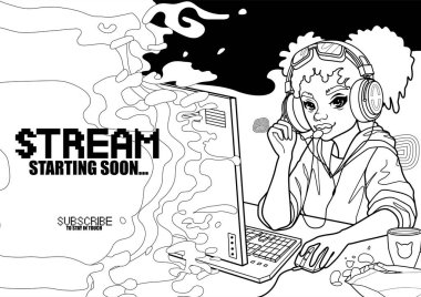 Kedi kulaklı Afrikalı kız oyuncu ya da flamalı kulaklıklı kız bir bilgisayarın başına oturur ve masada biraz içki ve yılan vardır. Renkli sayfa tasarımı. Bildirimli ifadesi olan vektör karakter