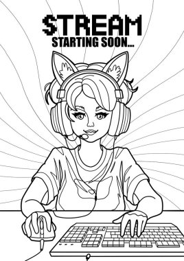 Kedi kulaklı kız oyuncu ya da flamalı kulaklıklı kız bilgisayar başında fare ve klavyesiyle oturuyor. Renkli sayfa tasarımı. Parlak arkaplanda izole edilmiş vektör karakteri