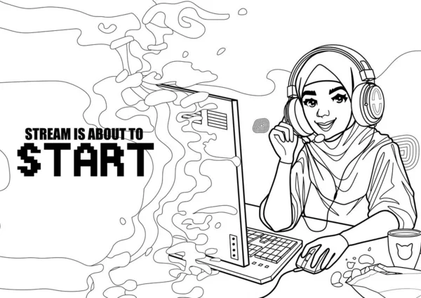 Menina Muçulmana Gamer Streamer Com Orelhas Gato Headset Senta Computador — Vetor de Stock