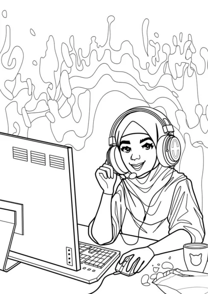 Μουσουλμάνα Gamer Κορίτσι Streamer Αυτιά Γάτας Ακουστικά Κάθεται Έναν Υπολογιστή — Διανυσματικό Αρχείο
