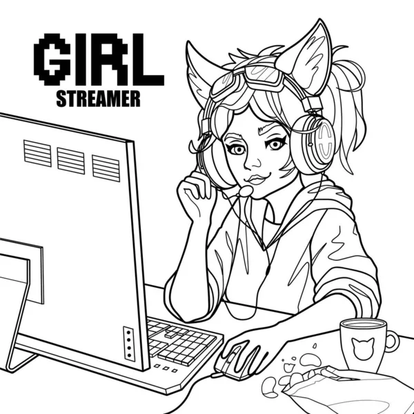 Menina Gamer Streamer Com Orelhas Gato Headset Senta Computador Com —  Vetores de Stock