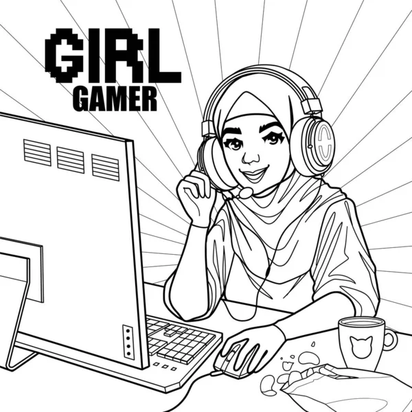 Muslimische Gamer Oder Streamer Hijab Und Headset Sitzen Einem Computer — Stockvektor