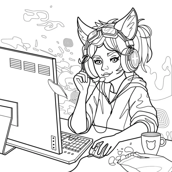 女游戏玩家或带着猫耳朵耳机的飘飘欲仙的女孩坐在电脑前 一边喝酒一边在桌上钓鱼 彩色页面的设计 抽象熔岩灯背景上的矢量字符 — 图库矢量图片