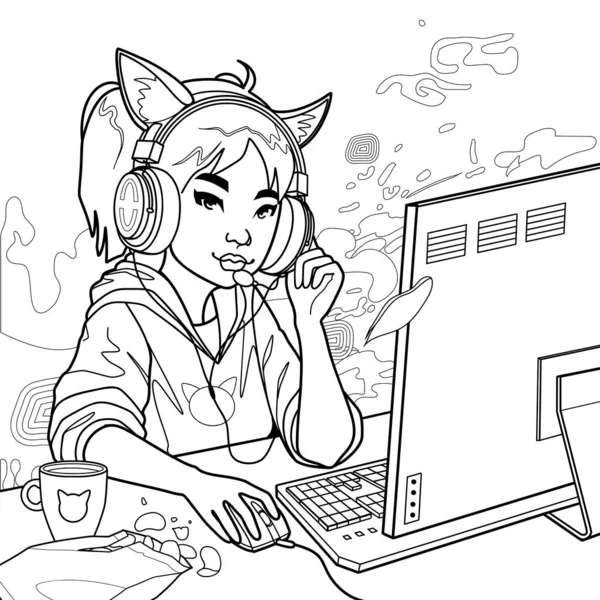 带着猫耳朵耳机的亚洲女孩游戏玩家或卖弄风情的女孩坐在电脑前 一边喝酒一边在桌子上钓鱼 彩色页面的设计 抽象熔岩灯背景上的矢量字符 — 图库矢量图片
