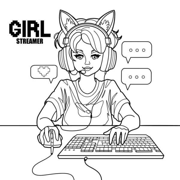 Menina Gamer Streamer Com Orelhas Gato Headset Senta Frente Computador — Vetor de Stock