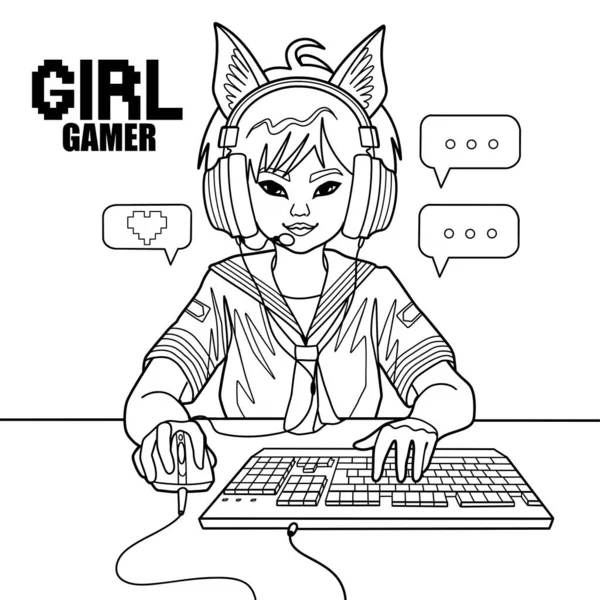 Asiatische Gamer Oder Streamer Mit Katzenohren Headset Sitzen Mit Maus — Stockvektor