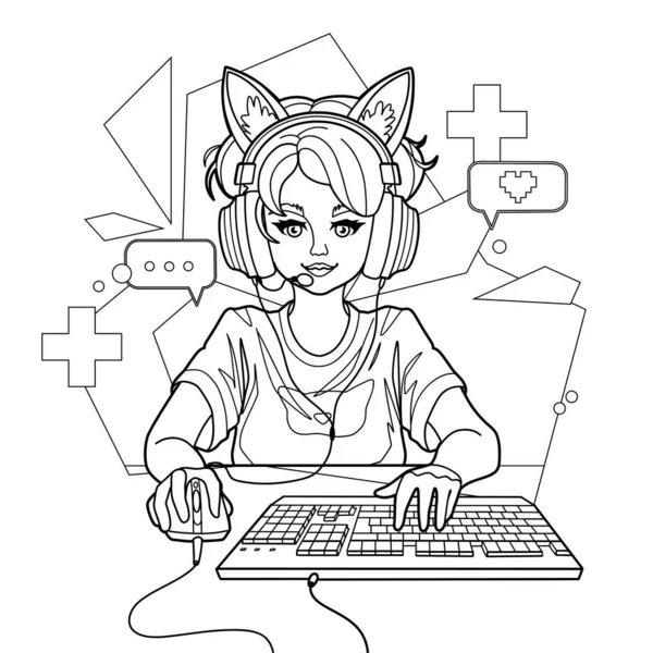 可爱的女孩游戏玩家或带猫耳朵耳机的流线型玩家 带着鼠标和键盘坐在电脑前 彩色页面的设计 在白色背景上孤立的向量字符 — 图库矢量图片