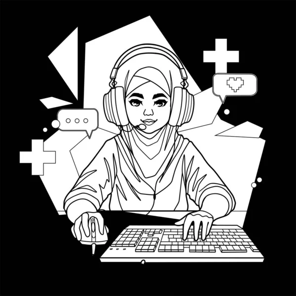 Menina Muçulmana Gamer Streamer Com Orelhas Gato Headset Senta Frente — Vetor de Stock