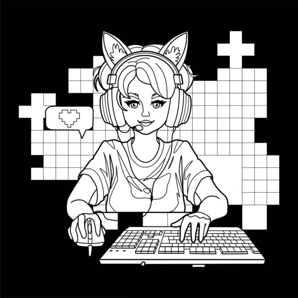 带着猫耳朵耳机的女游戏玩家或管弦乐手 带着鼠标和键盘坐在电脑前 抽象像素装饰 彩色页面的设计 在黑色背景上孤立的向量字符 — 图库矢量图片