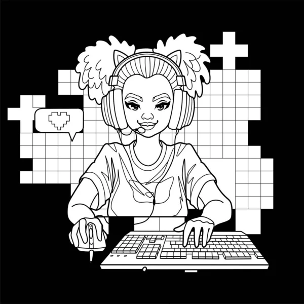 带着猫耳朵耳机的非洲女孩游戏玩家或流媒体玩家 带着鼠标和键盘坐在电脑前 抽象像素装饰 彩色页面的设计 病媒特征 — 图库矢量图片