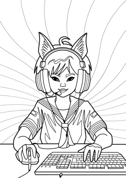 带着猫耳朵耳机的亚洲女孩游戏玩家或流言者 带着鼠标和键盘坐在电脑前 彩色页面的设计 在白色背景上孤立的向量字符 — 图库矢量图片