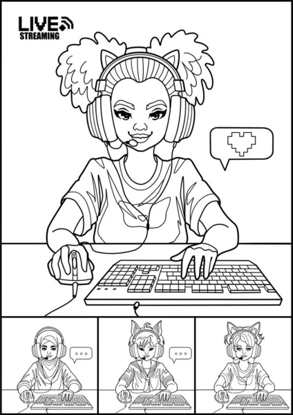 猫耳ヘッドセットを持つ多様な女の子のビデオ会議は 彼女のマウスとキーボードでコンピュータの前に座っています ぬりえページデザイン 白地に隔離されたベクトル文字 — ストックベクタ