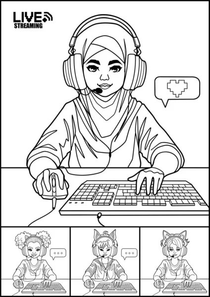 猫耳ヘッドセットを持つ多様な女の子のビデオ会議は 彼女のマウスとキーボードでコンピュータの前に座っています ぬりえページデザイン 白地に隔離されたベクトル文字 — ストックベクタ