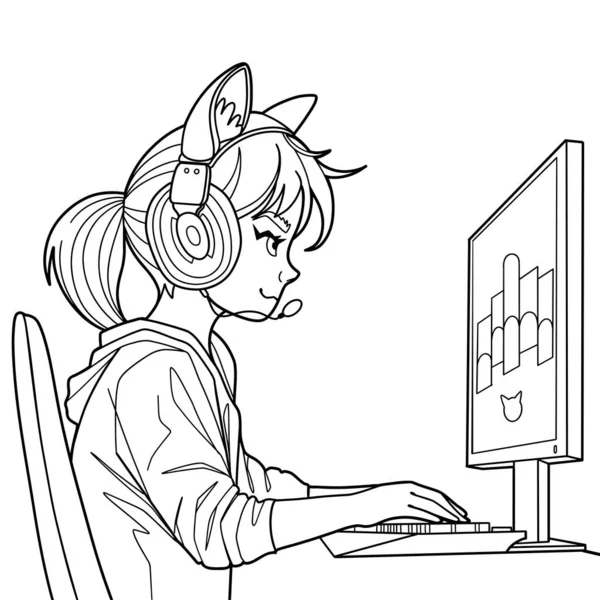 女游戏玩家或带着猫耳朵耳机的飘飘欲仙者坐在电脑前 侧面看 卡通动漫风格 在白色背景上孤立的向量字符 — 图库矢量图片