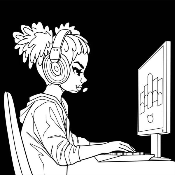 African Girl Gamer Streamer Headset Sits Front Computer Side View — Stock Vector