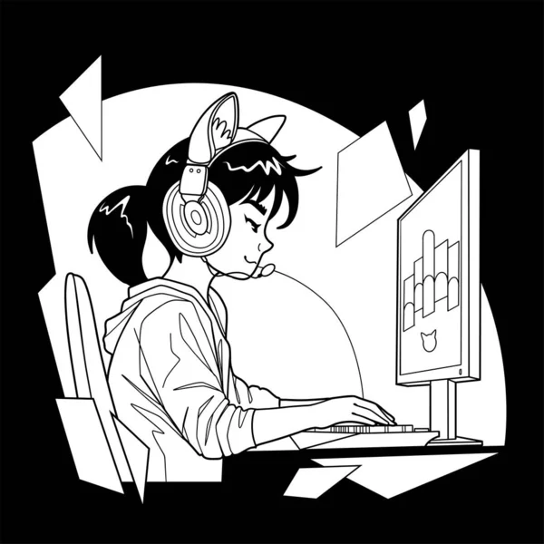 抽象的なグラフィック組成物の上にコンピュータの前に猫の耳のヘッドセットとアジアの女の子のゲーマーやストリーマー サイドビュー 漫画アニメスタイル 黒を基調としたベクトルキャラクターデザイン — ストックベクタ