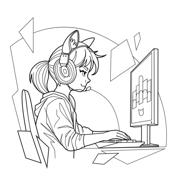 一个带着猫耳朵耳机的女游戏玩家或管弦乐手坐在电脑前看一篇抽象的图形作文 侧面看 卡通动漫风格 白色背景下孤立的矢量字符设计 — 图库矢量图片