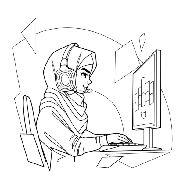 Chica Musulmana Gamer Streamer Hijab Auricular Sienta Frente Una Computadora — Archivo Imágenes Vectoriales