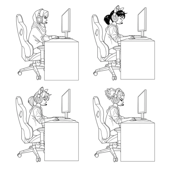 Sada Různých Dívčích Hráčů Nebo Fáborky Sluchátka Sedí Před Počítači — Stockový vektor