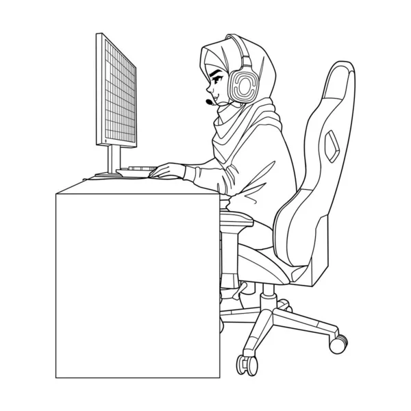 Muslimská Dívka Hráč Nebo Fáborka Hidžábu Sluchátka Sedí Před Počítačem — Stockový vektor