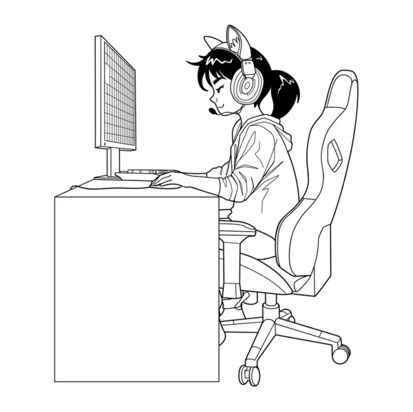 带着猫耳朵耳机的亚洲女孩游戏玩家或流媒体玩家坐在电脑前 侧面看 卡通动漫风格 在白色背景上孤立的向量字符 — 图库矢量图片