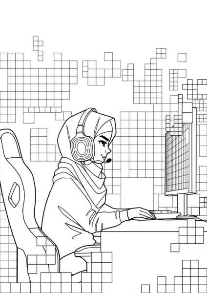 Chica Musulmana Gamer Streamer Hijab Auricular Sienta Delante Una Computadora — Vector de stock