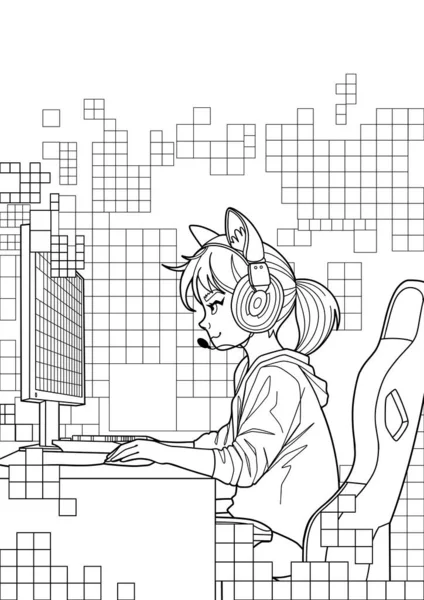一个带着猫耳朵耳机的女游戏玩家或流媒体玩家坐在电脑前的一个脓肿像素上 侧面看 卡通动漫风格 白色背景下孤立的矢量字符设计 — 图库矢量图片
