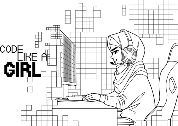 ヒジャーブとヘッドセットのイスラム教徒の女の子のゲーマーやストリーマーは 抽象的なピクセル上のコンピュータの前に座っています サイドビュー 漫画アニメスタイル 白地に隔離されたベクトルキャラクターデザイン — ストックベクタ