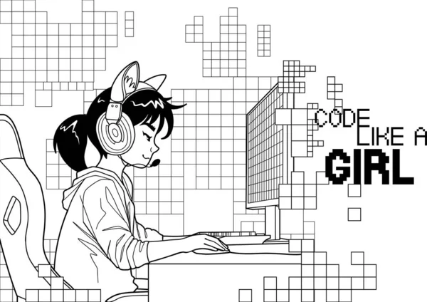 Asian Girl Girl Gamer Streamer Cat Ears Headset Sits Front — Stock Vector