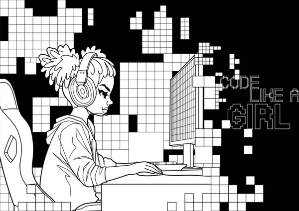 带着猫耳朵耳机的非洲女孩游戏玩家或流媒体玩家坐在电脑前的一个脓肿像素上 侧面看 卡通动漫风格 在白色背景上孤立的向量字符 — 图库矢量图片