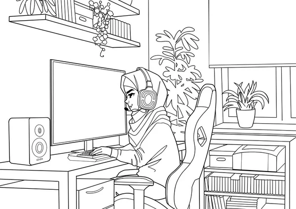 可爱的穆斯林女孩游戏玩家或带着耳机的流线型玩家坐在电脑前舒适的少女霓虹灯照亮的房间里 侧面看 卡通动漫风格 动画风格的矢量字符 — 图库矢量图片