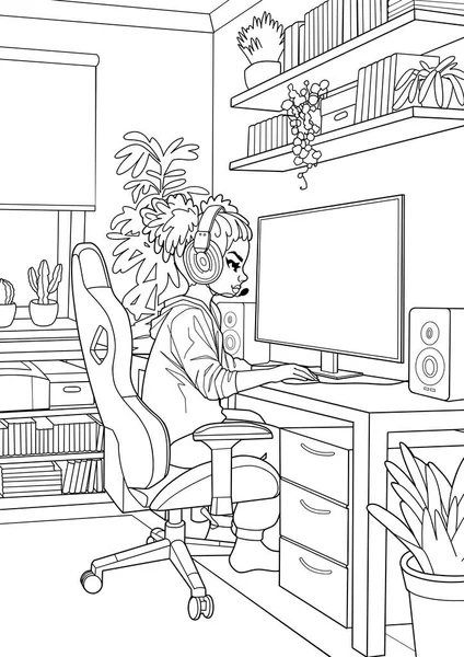 조명등을 컴퓨터 머리가 아프리카 게이머 유선형이 만화의 사이드 애니메이션 스타일 — 스톡 벡터