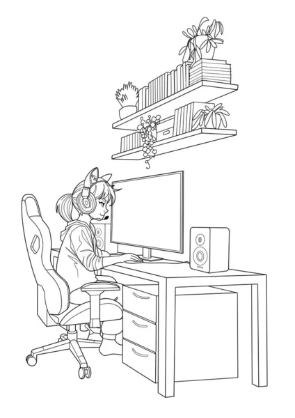 Kız Oyuncu Kulaklıklı Flamalı Bilgisayar Başında Oturuyor Yan Görünüş Çizgi — Stok Vektör