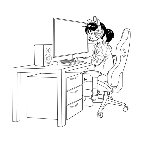 带着耳机的亚洲女孩游戏玩家或流媒体玩家坐在电脑前 侧面看 卡通动漫风格 在白色背景上孤立的向量字符 — 图库矢量图片